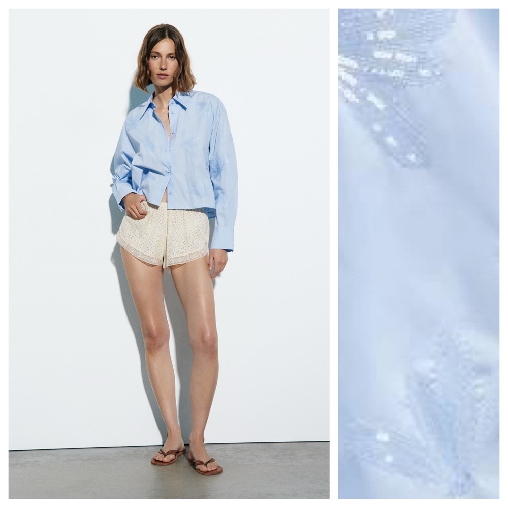 NWT. Zara Light Blue Poplin Sequin Cropped Shirt. Size M. - Picture 2 of 10